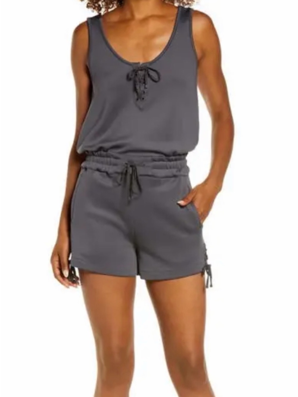 blanc noir Charcoal Gray Tank Romper with Drawstring